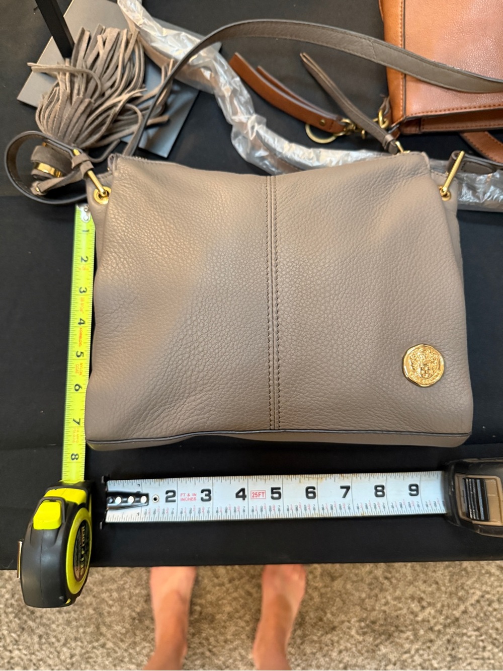 Vince Camuto Gray Pebbled Leather Crossbody Bag with Tassel & Gold HW EUC - Picture 9 of 13